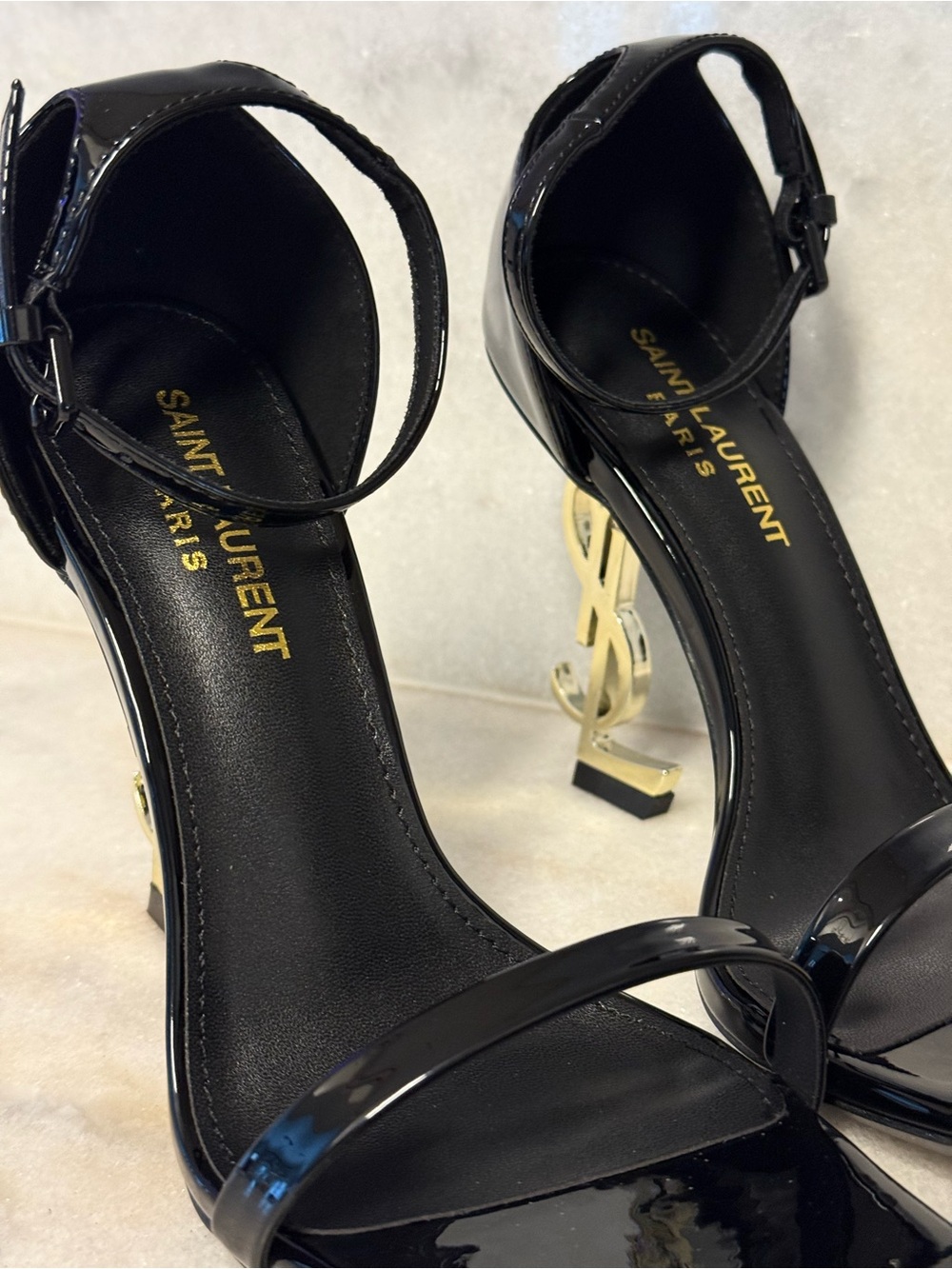 Saint Laurent Black Patent Sandals with Gold YSL Logo Heel - Picture 2 of 4